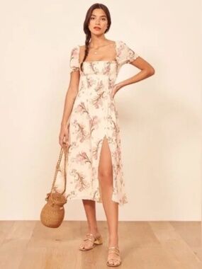 REFORMATION Leila Ivory Pink Floral Inka Smocked Bodice Slit Dress M (fits S)